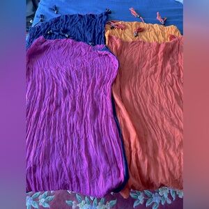 2  linen’s women’s scarves with corner beads purple/ pink & orange/yellow 60” L
